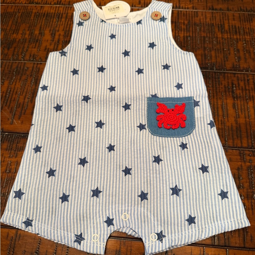 Mud Pie Light Blue & Navy Star Romper with Red Crab Pocket